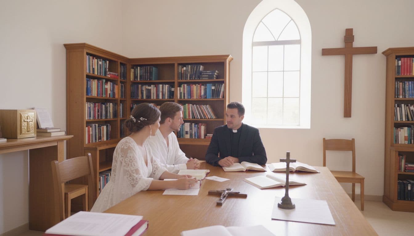 Couple et prêtre préparant la cérémonie dans une sacristie chaleureuse, livres ouverts et ambiance paisible