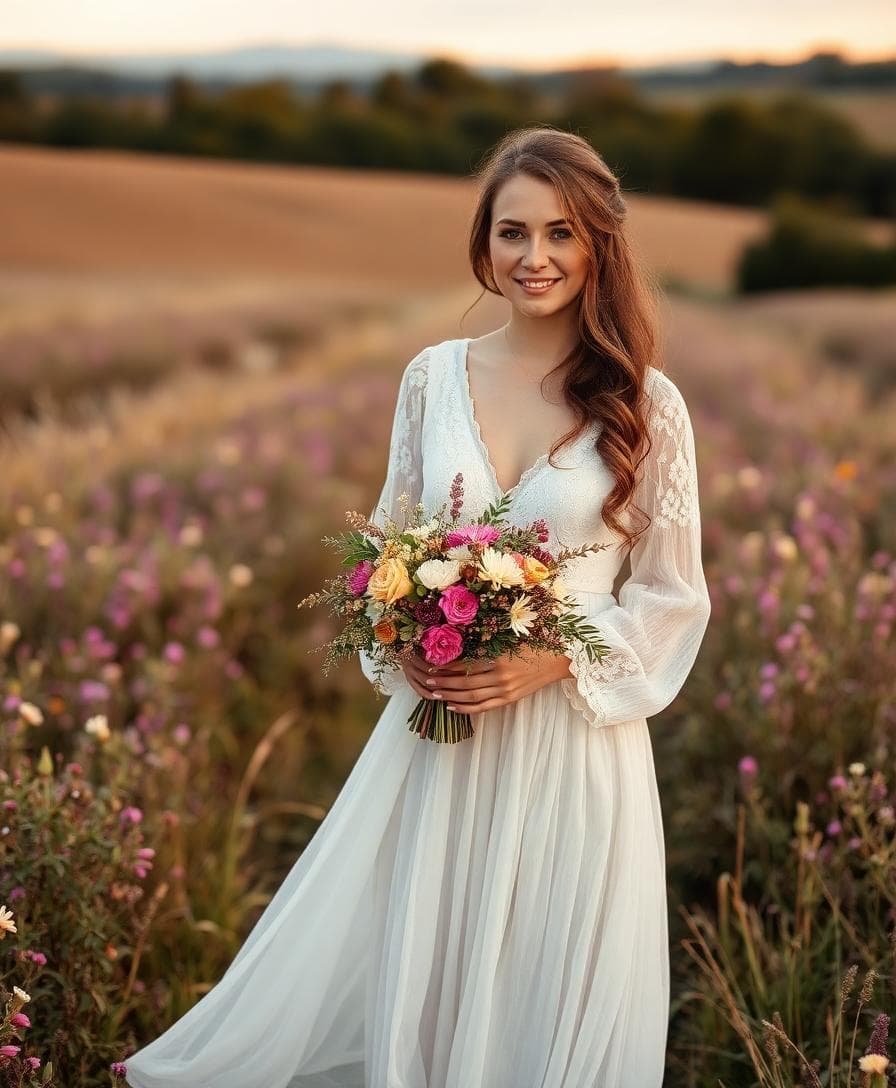 Mariée bohème fluide au coucher du soleil, bouquet de fleurs sauvages, ambiance douce et naturelle, style chic avec dentelle légère, paysage rural français, lumière dorée, image réaliste