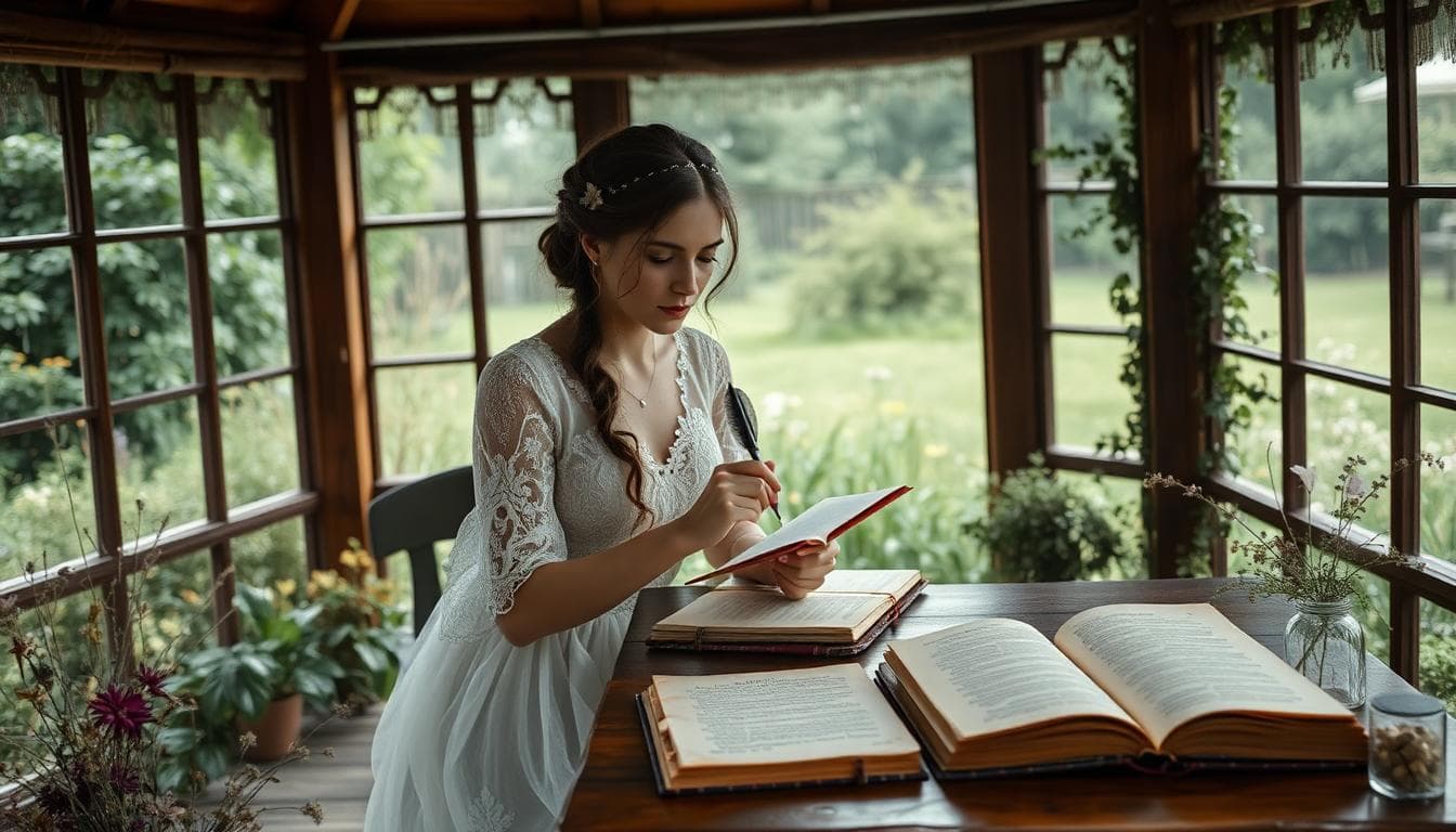 Mariée bohème écrivant une note sous une pluie légère, ambiance romantique et réfléchie.