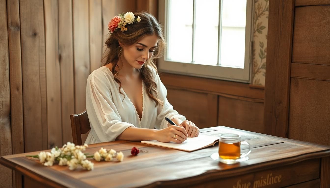 Mariée bohème écrivant un faire-part de mariage sur une table en bois, avec fleurs séchées et dentelle, ambiance douce et naturelle