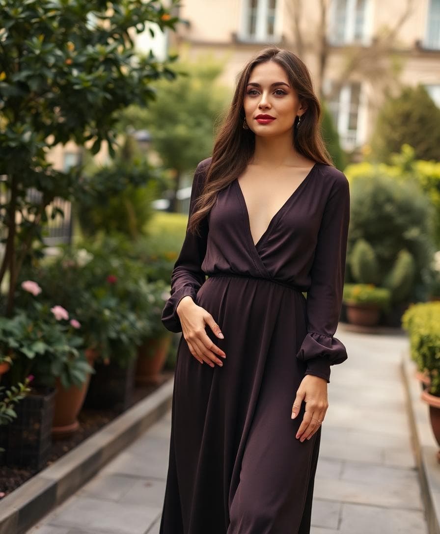 Mariée morphologie en H en robe bohème chic en crêpe lisse avec V net, manches longues fines et jupe en A souple, drapé délicat à la taille, ambiance jardin urbain, lumière naturelle