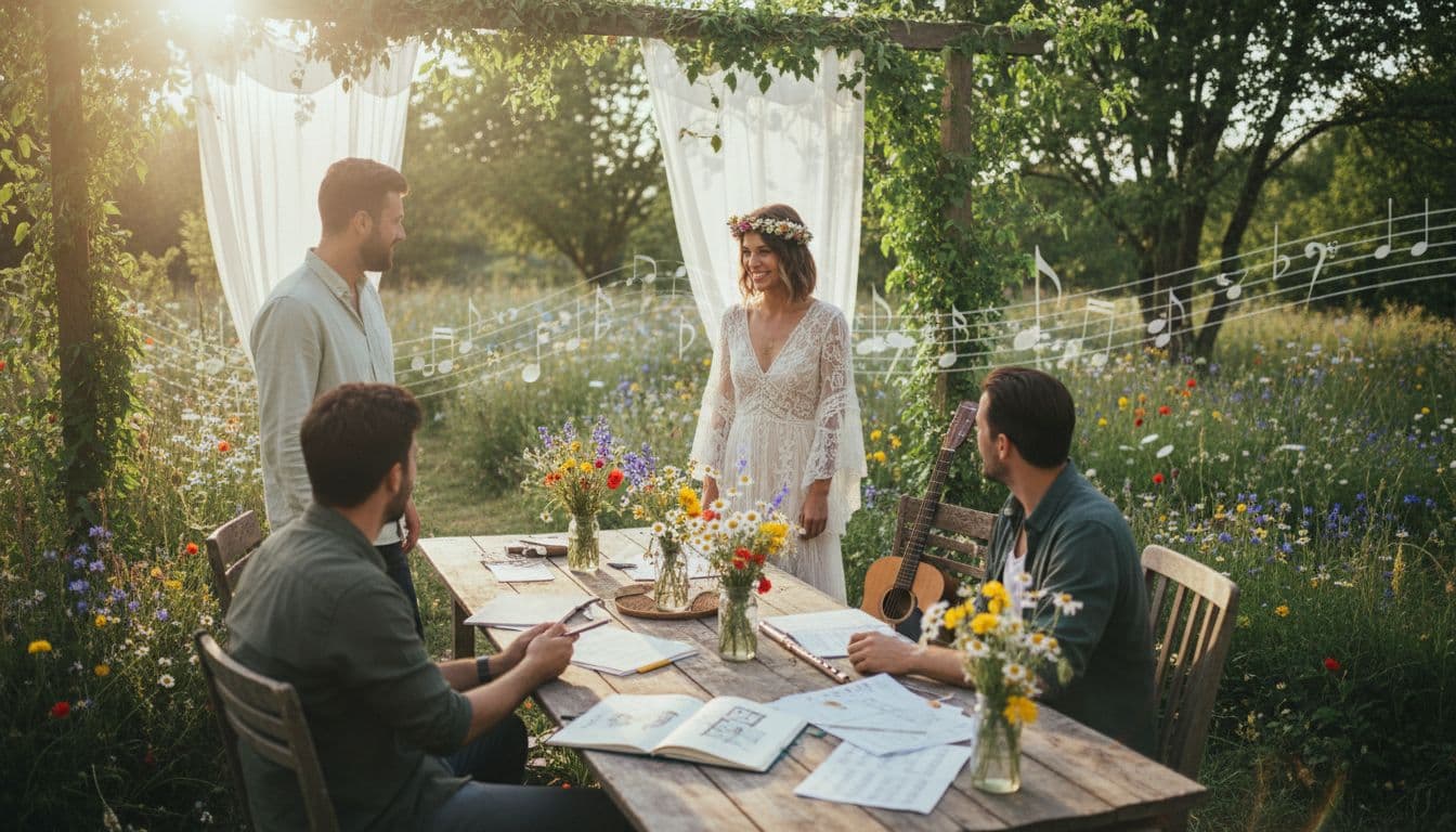 Mariée bohème rencontrant ses prestataires dans un jardin rustique, ambiance naturelle et chaleureuse. Image created with AI
