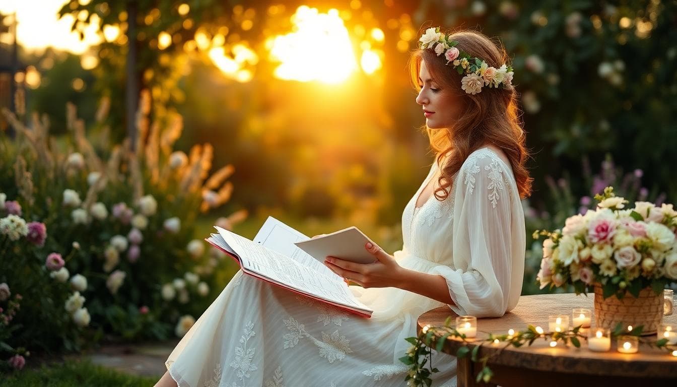 Mariée bohème chic planifiant son budget dans un jardin au coucher du soleil, ambiance intime et chaleureuse