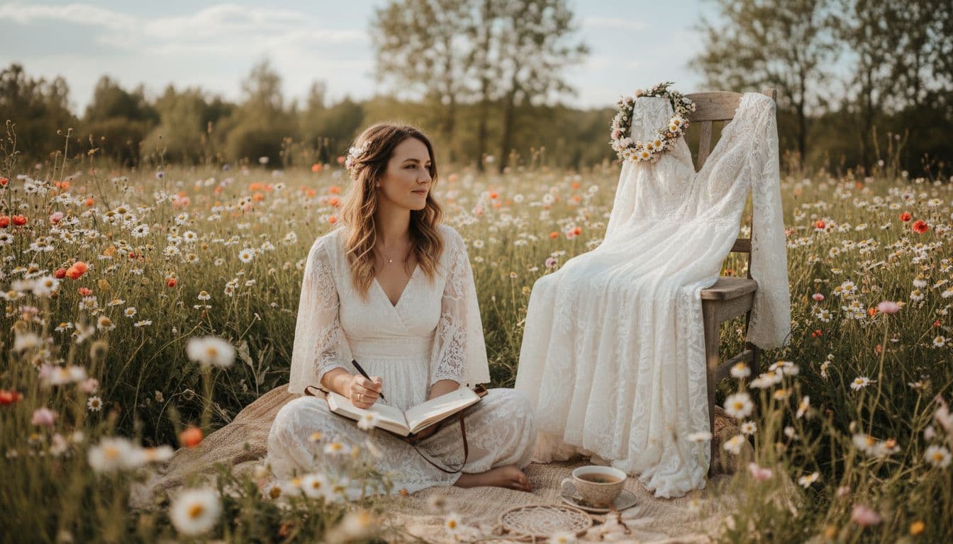 Future mariée bohème chic planifiant son mariage dans un champ fleuri, carnet checklist ouvert, lumière douce