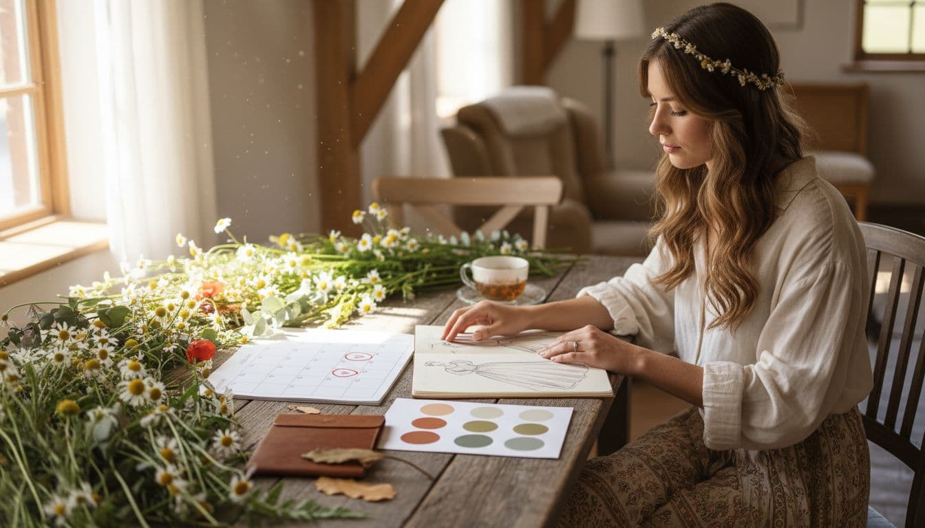 Future mariée bohème chic planifiant son calendrier de préparation de mariage sur une table en bois avec fleurs sauvages et carnet