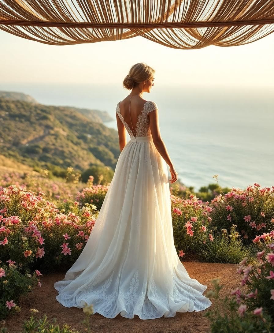 Robe de mariée bohème chic en dentelle délicate, jupe fluide, décor naturel corse