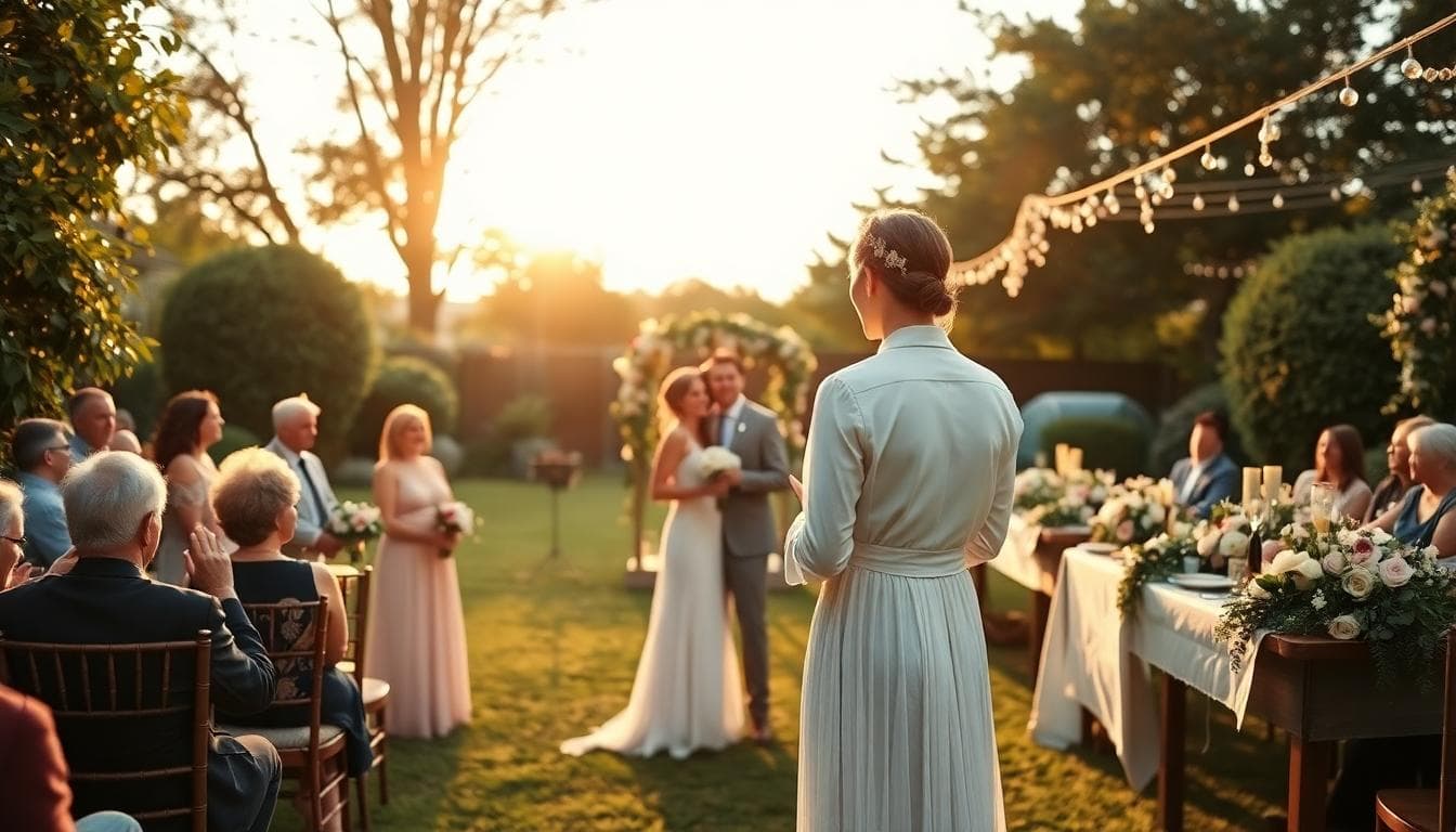 Cérémonie bohème chic au jardin, mariée en dentelle, ambiance intime et dorée au crépuscule