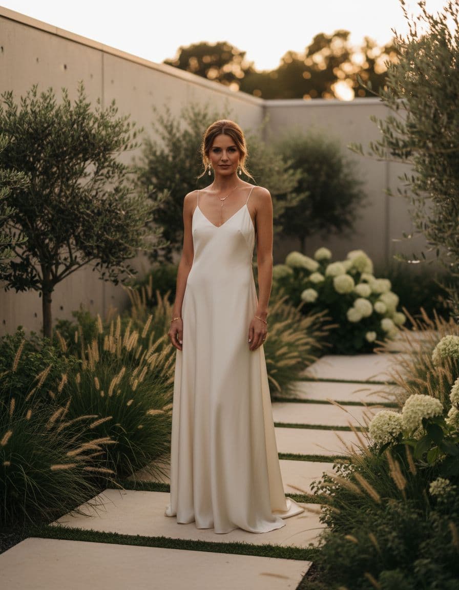 Mariée bohème minimaliste au crépuscule, robe crème aux lignes pures, bijoux fins et chignon flou, décor épuré de verdure