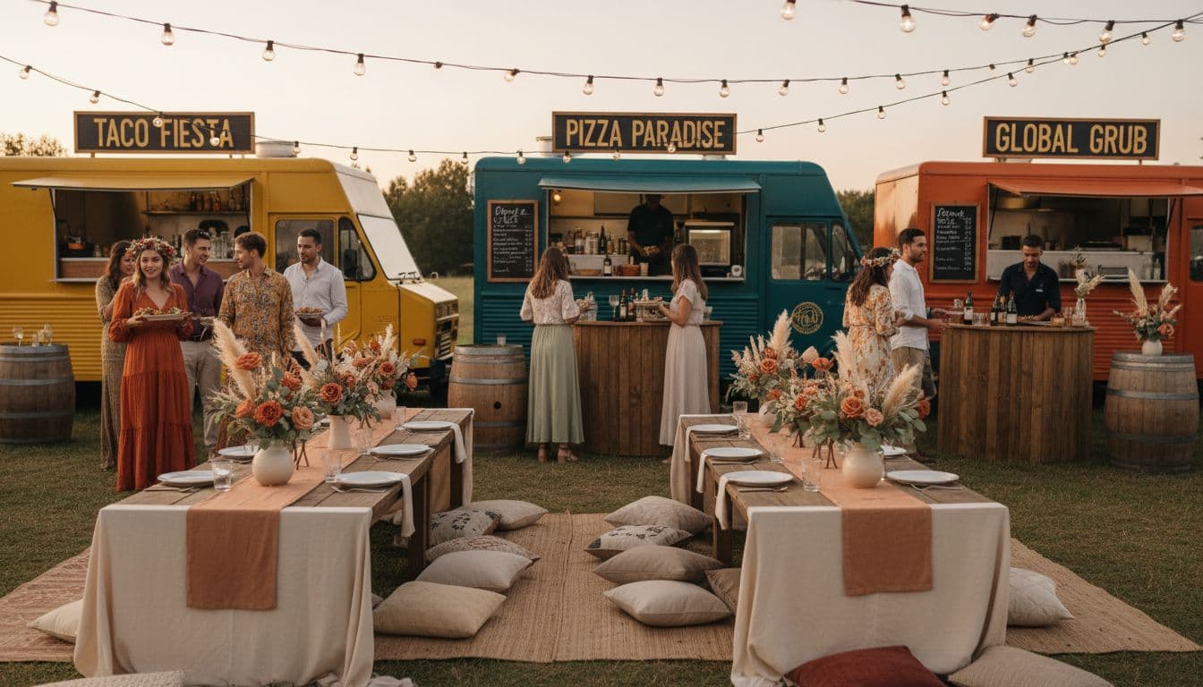 Réception bohème chic en extérieur avec food trucks, bar artisanal et tables en lin crème, lumière douce au crépuscule