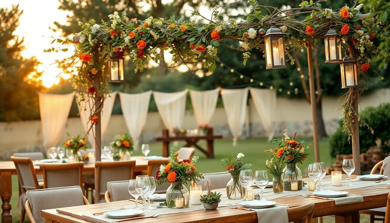 Une scène de décoration bohème chic pour un mariage en extérieur, avec une arche fleurie faite de branches et fleurs en tons terracotta et vert sauge, tables en bois avec nappes beige et centres de table upcyclés en verre recyclé rempli de feuillage, lanternes en osier suspendues, ambiance naturelle et responsable au coucher du soleil, lumière dorée douce