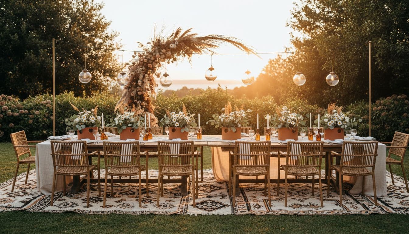 Cérémonie bohème chic au jardin, arche asymétrique, tables en bois, terracotta et vert sauge, ambiance dorée au coucher du soleil