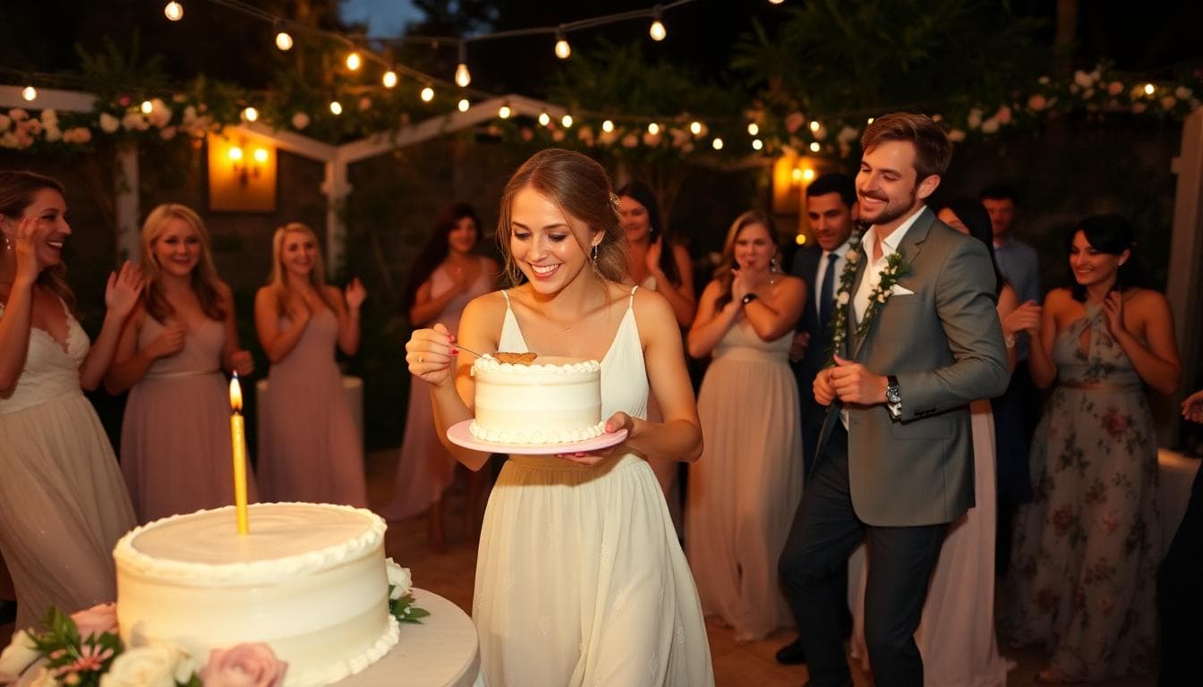 Entrée du gâteau en ambiance boho chic, invités en mouvement, lumières chaudes, énergie joyeuse