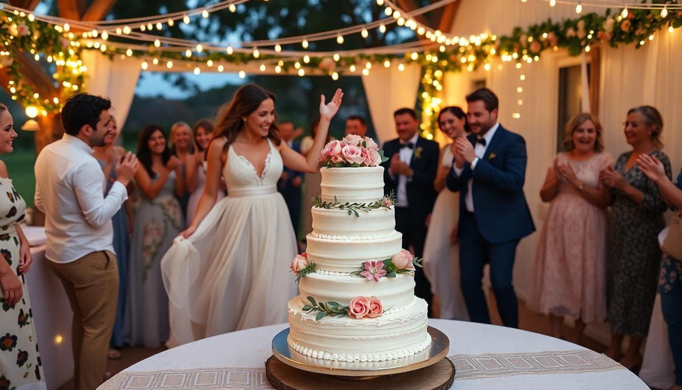 Entrée de gâteau boho chic, couple qui avance en rythme, invités en fête, lumières chaudes, extérieur au crépuscule