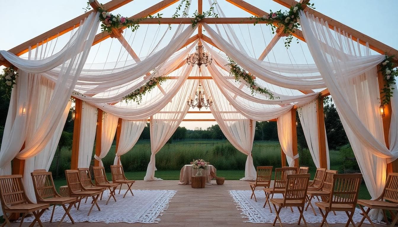 Houppa bohème en extérieur, structure bois clair, voilages fluides, fleurs des champs, lumière dorée au crépuscule. Image created with AI