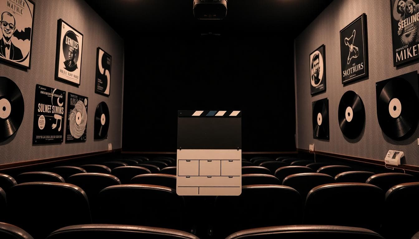 Décor mariage cinéma et musique, clap, affiches stylisées, vinyles et lumière tamisée