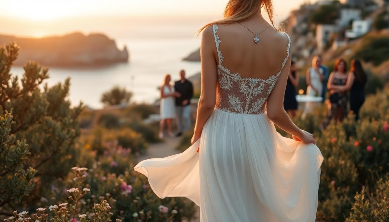 Mariée bohème en Corse, robe en dentelle esprit corset au coucher du soleil, décor naturel méditerranéen