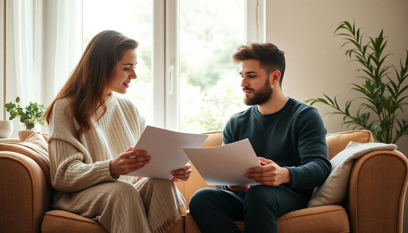 Couple bohème réfléchissant ensemble à leur choix entre mariage ou PACS, documents et ambiance cosy