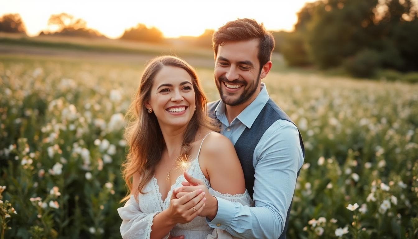 Couple bohème heureux après la demande, bague scintillante et étreinte au crépuscule
