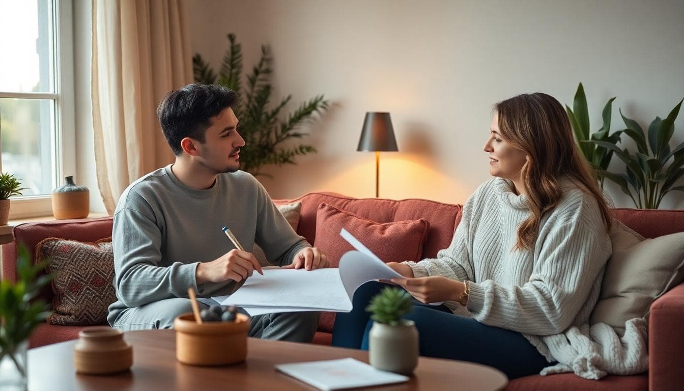 Couple bohème discutant des finances du foyer dans un salon cosy, atmosphère intime