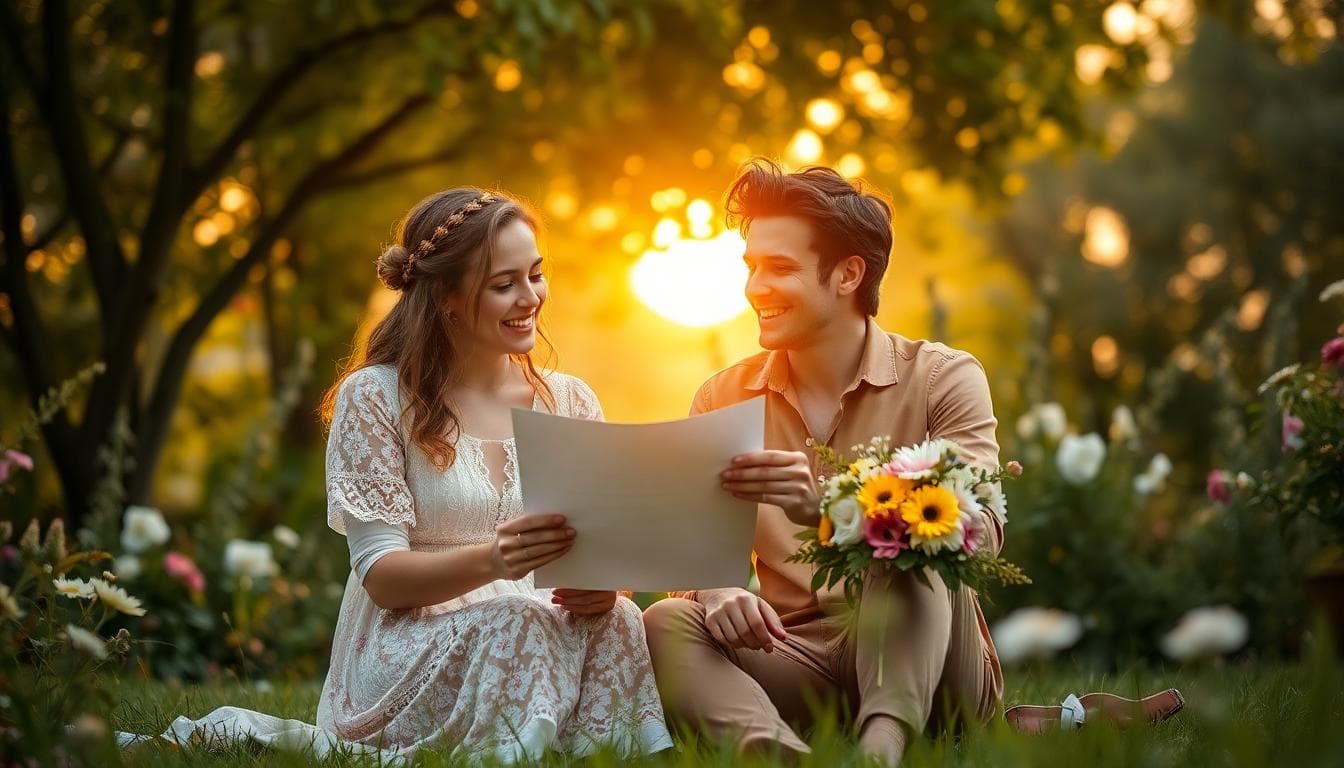 Couple bohème discutant sereinement d’un contrat de mariage dans un jardin fleuri