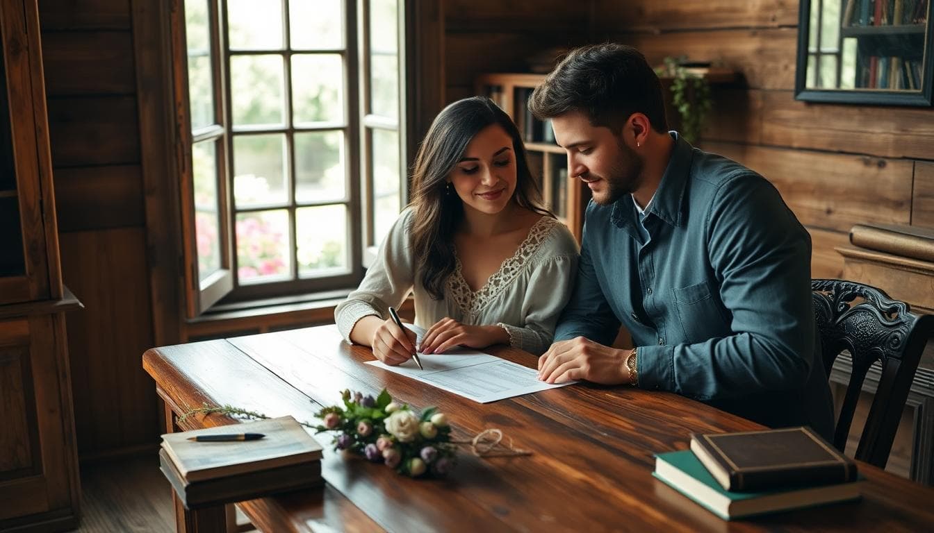 Couple bohème examinant un contrat chez le notaire, ambiance douce et chaleureuse