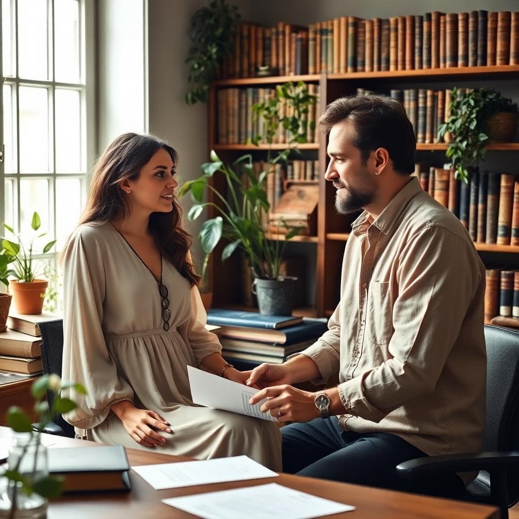 Couple bohème consultant un notaire dans un bureau chaleureux, ambiance sereine