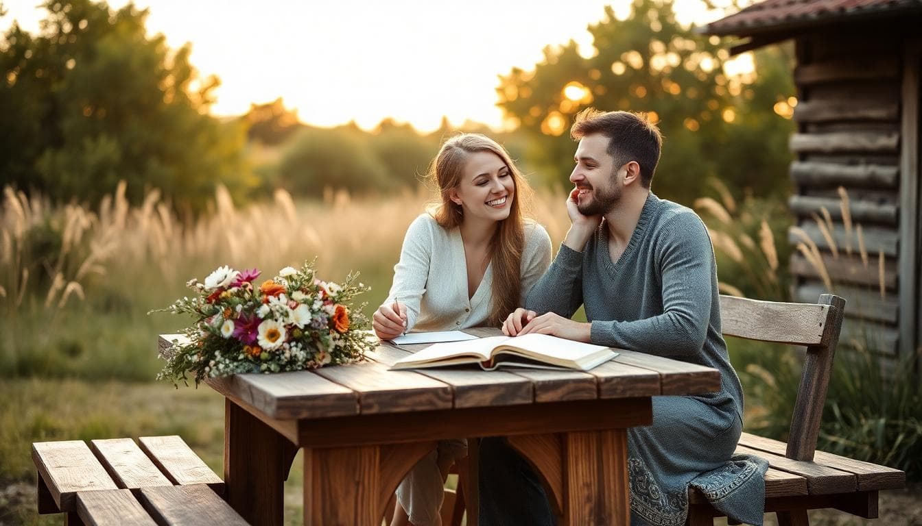 Couple bohème planifiant une demande en mariage au lever du soleil, ambiance douce et intime