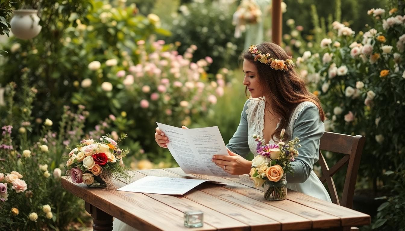 Couple bohème discutant d’un contrat de mariage dans un jardin fleuri, ambiance douce et naturelle