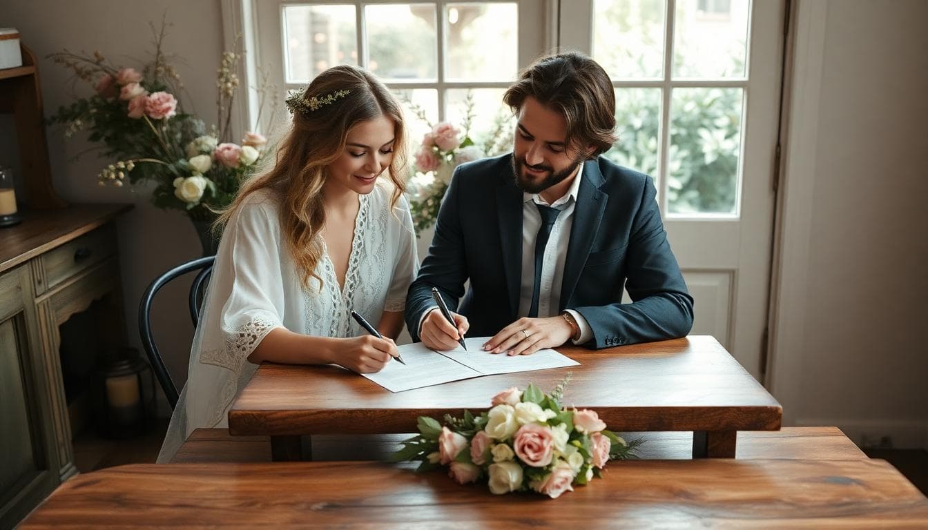 Couple bohème signant un contrat de mariage chez le notaire, ambiance douce et naturelle