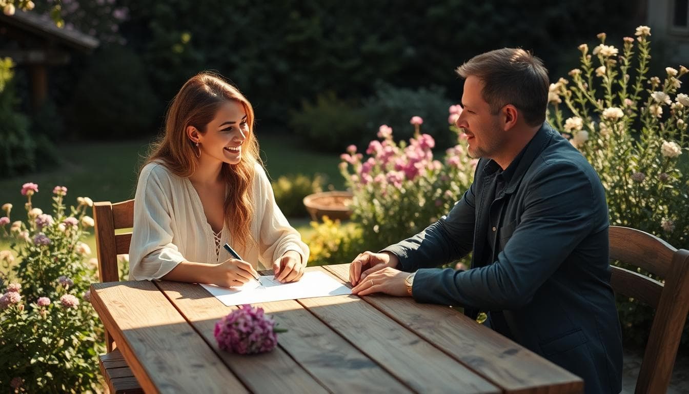 Couple bohème signant une convention de PACS dans un jardin lumineux, ambiance douce et intime