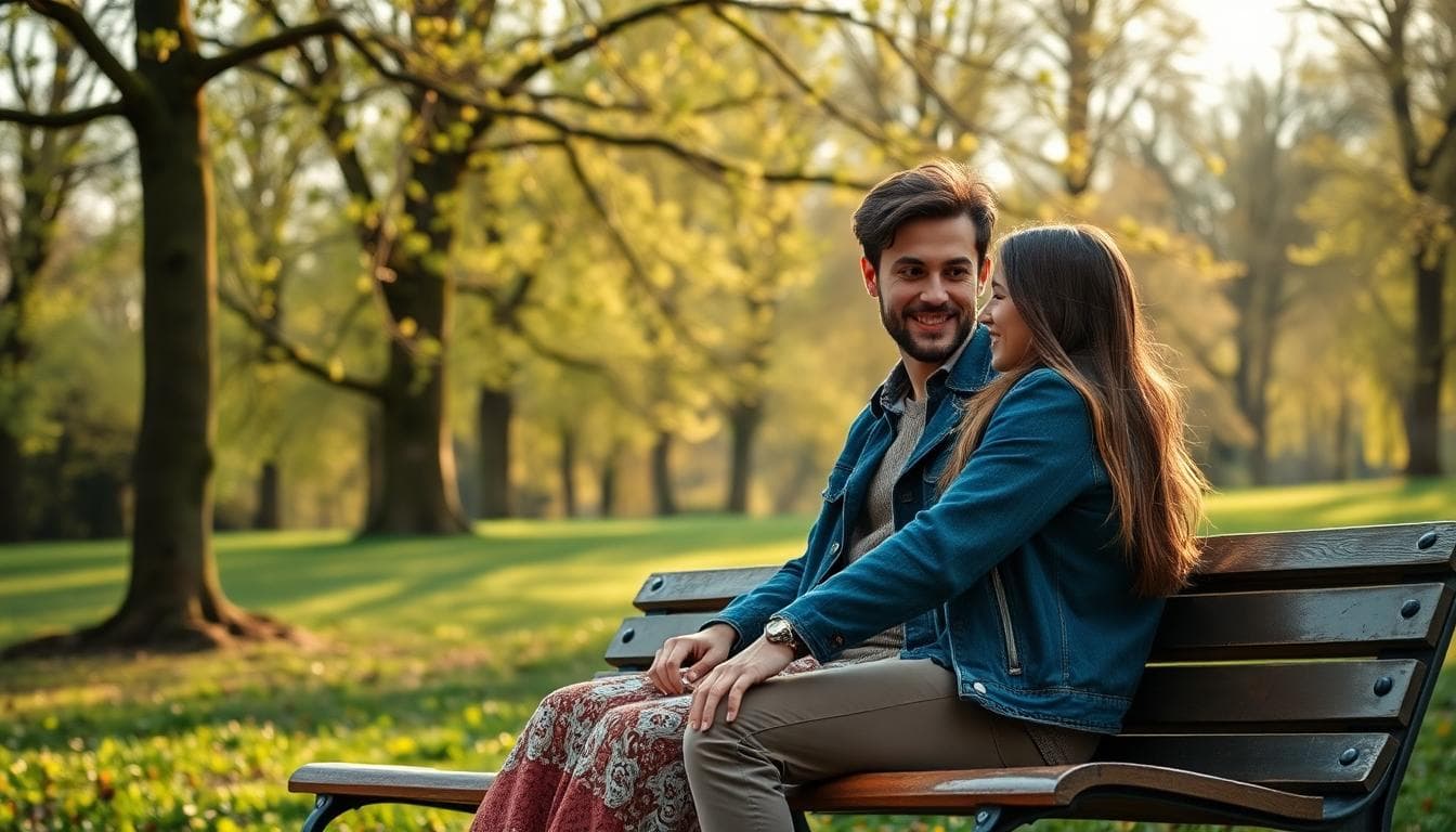 Couple bohème assis dans un parc au printemps, échange complice et discret