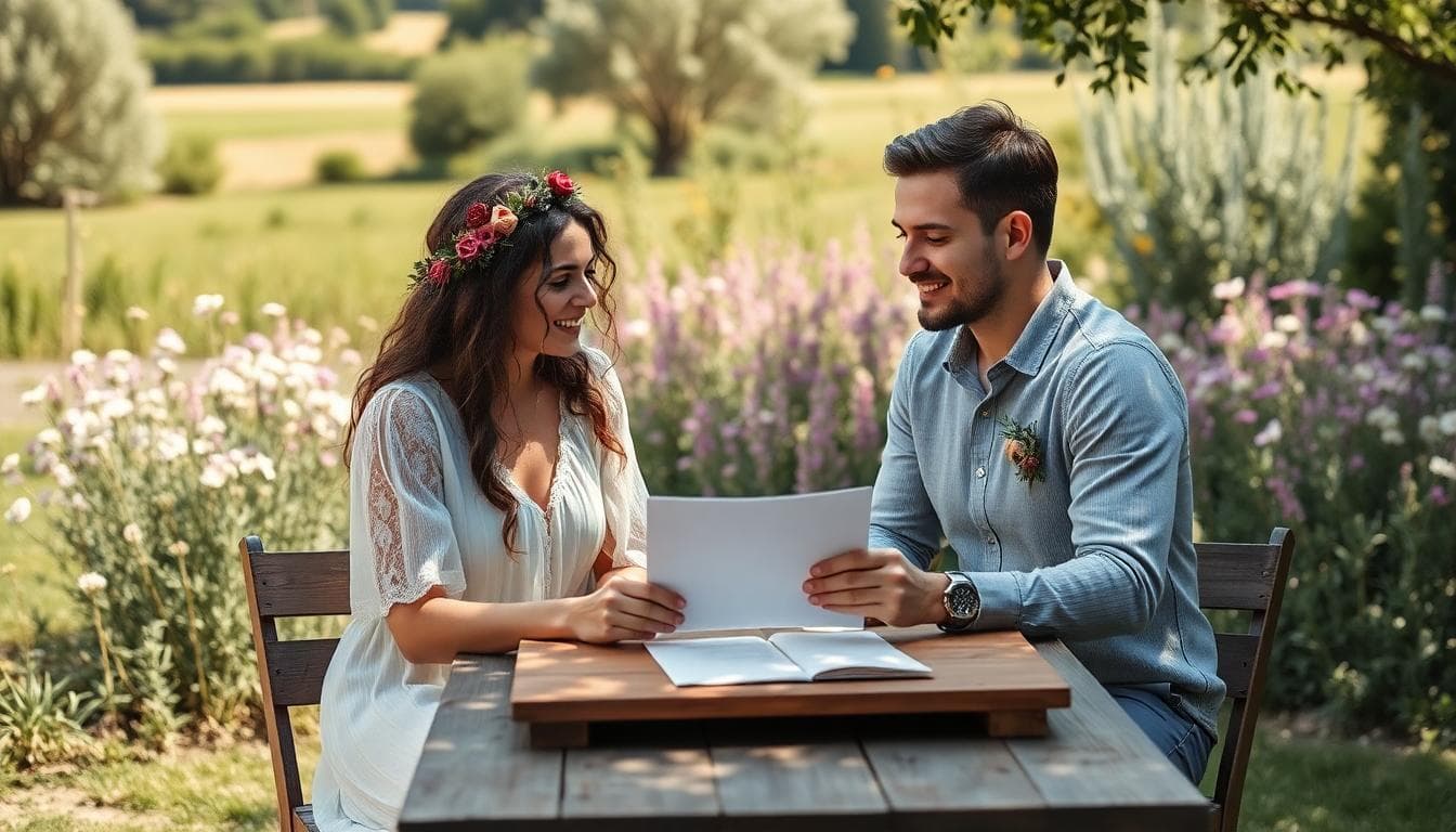 Couple bohème discutant sereinement d’un document dans un jardin ensoleillé