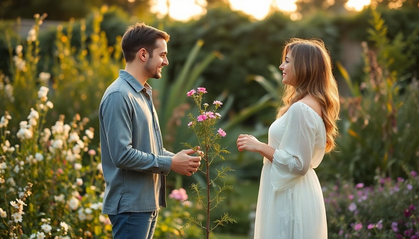 Couple en tenue bohème légère renouvelant leurs vœux au lever du soleil, avec un petit arbre à planter