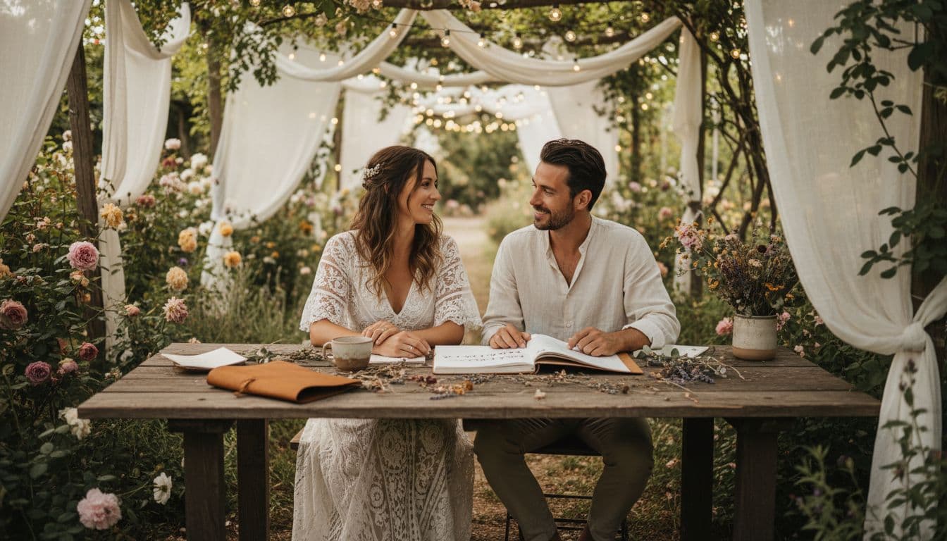 Couple planifiant leur budget de mariage dans un jardin bohème, ambiance douce et naturelle. Image created with AI