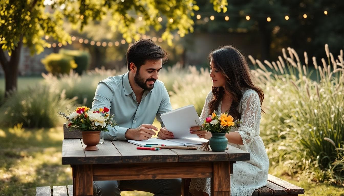 Couple bohème planifiant un budget de mariage dans un jardin, ambiance douce et naturelle