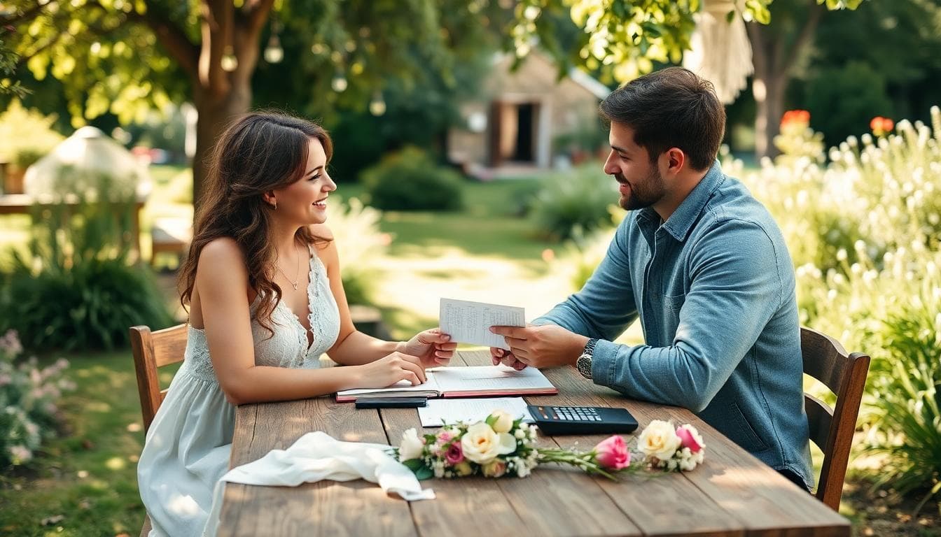 Couple bohème planifiant le budget de mariage dans un jardin, cahier et calculatrice, ambiance naturelle et douce