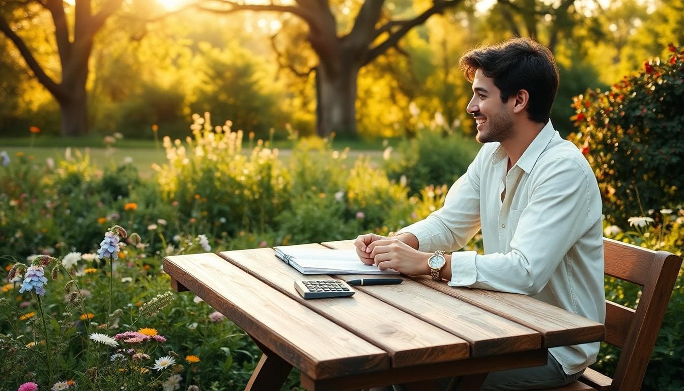Couple bohème planifiant leur mariage dans un jardin, cahier et calculatrice sur la table, ambiance douce et naturelle