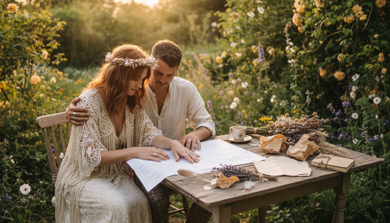 Couple bohème planifiant le jour J à une table en bois, planning et notes visibles, ambiance douce de fin d’après-midi. Image created with AI