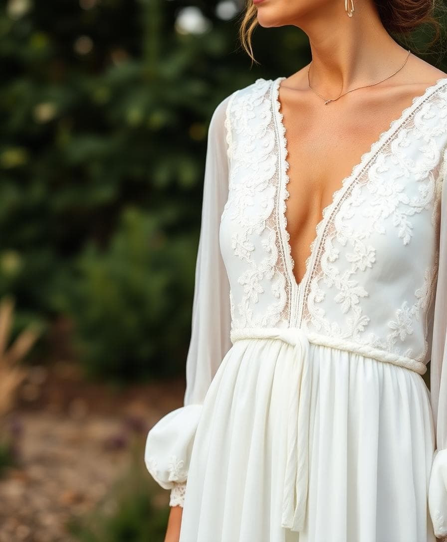 Détail d’une robe bohème crème avec décolleté V et manches longues légères, ambiance champêtre