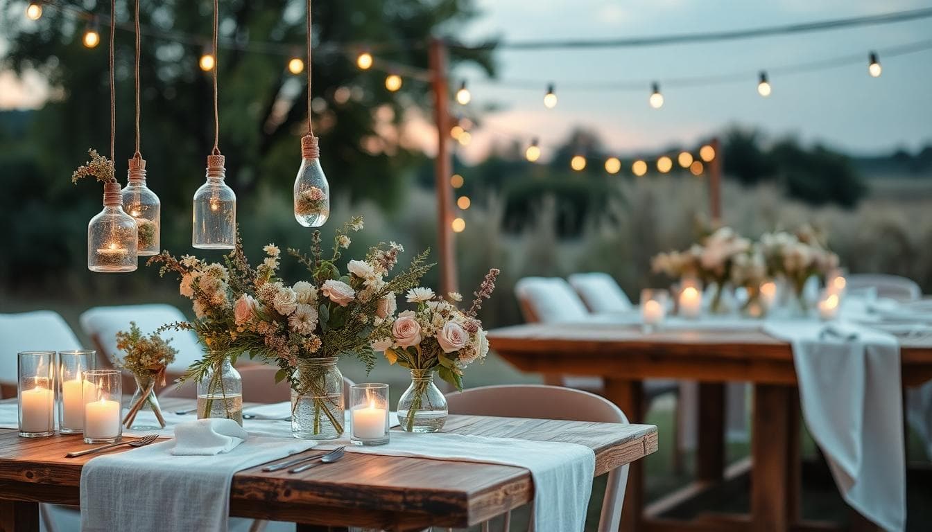 Décoration de mariage bohème éco-chic en extérieur avec bocaux, dames-jeannes et guirlandes lumineuses