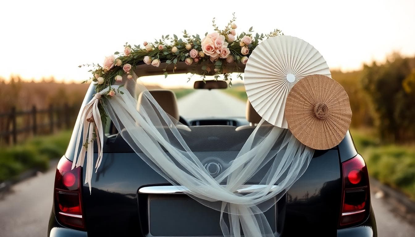 Voiture de mariage bohème décorée avec tulle, fleurs séchées et eucalyptus dans un décor de campagne