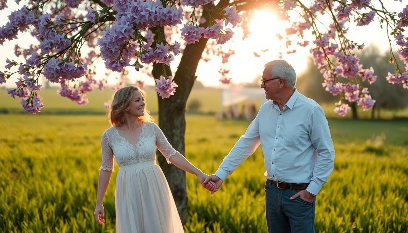 Couple âgé main dans la main sous un arbre de lilas, ambiance bohème et poétique