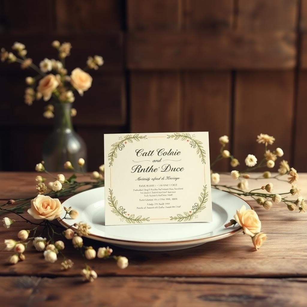 Invitation de mariage bohème posée sur une table en bois, entourée de fleurs séchées et de dentelle, ambiance romantique et naturelle