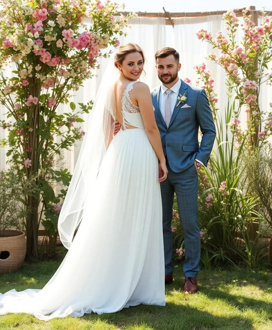 Mariée morphologie en H en robe empire bohème, taille haute sous la poitrine, drapés légers, jupe fluide évasée, décor champêtre ensoleillé