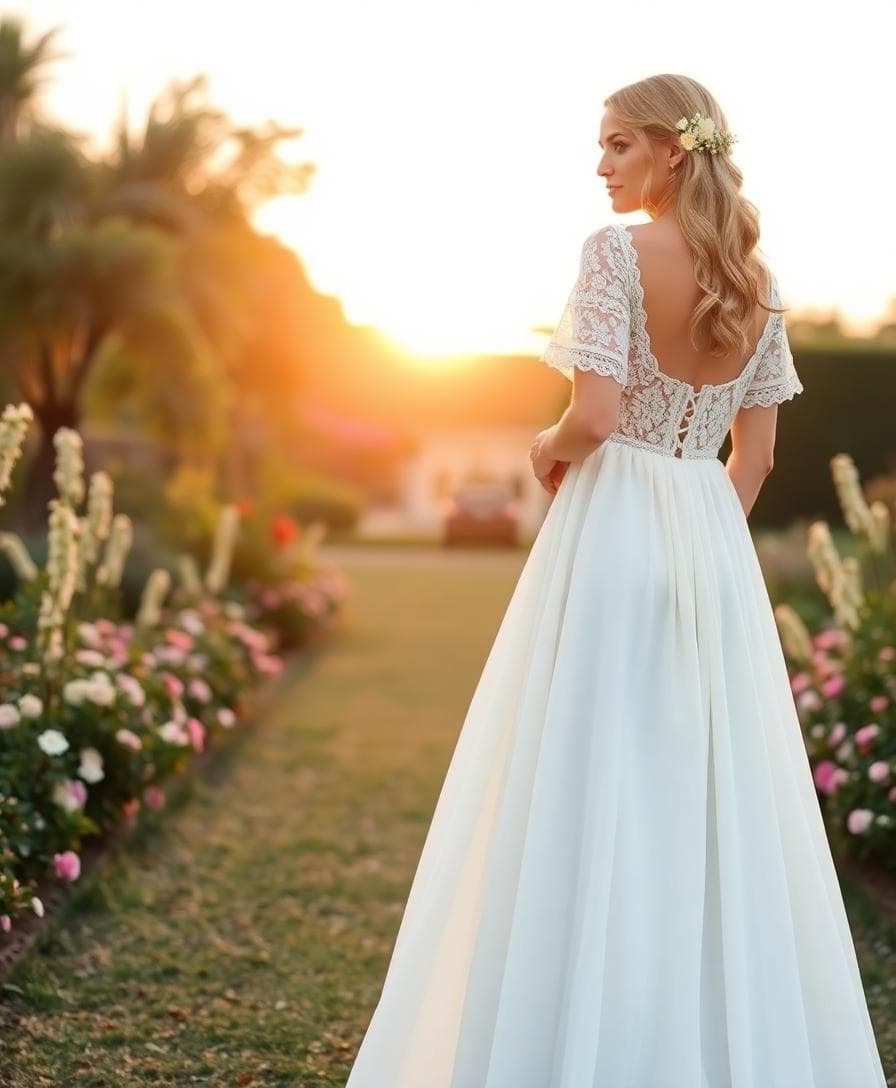 Robe de mariée bohème empire, taille haute, manches longues en dentelle doublée, ambiance jardin au lever du soleil
