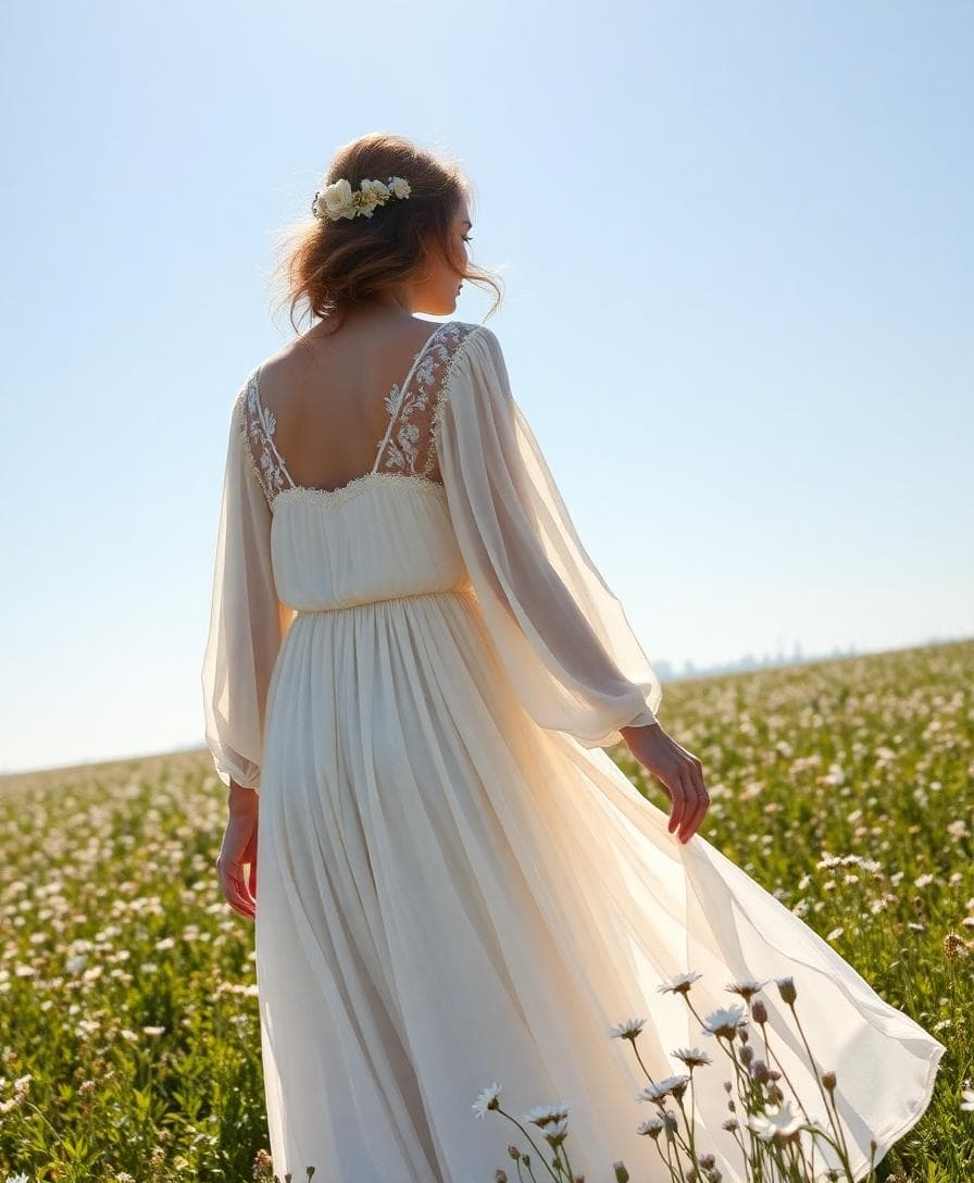 Mariée au style bohème en robe empire fluide, hanches mises en valeur avec équilibre, dans un champ de fleurs sauvages
