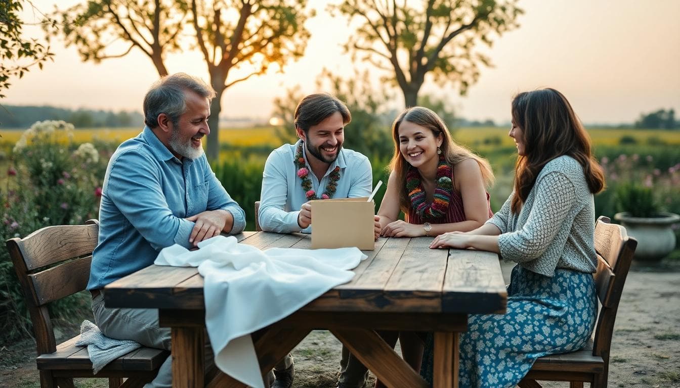 Parents et fils discutant sereinement d’un cadeau de mariage autour d’une table de jardin bohème, lumière douce, ambiance intime