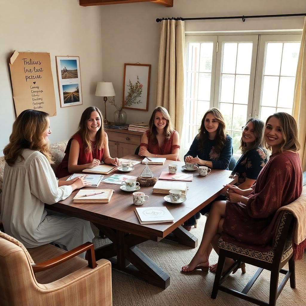 Mariée bohème qui briefe ses demoiselles d'honneur autour d'une table avec moodboards et tasses de thé. Image created with AI