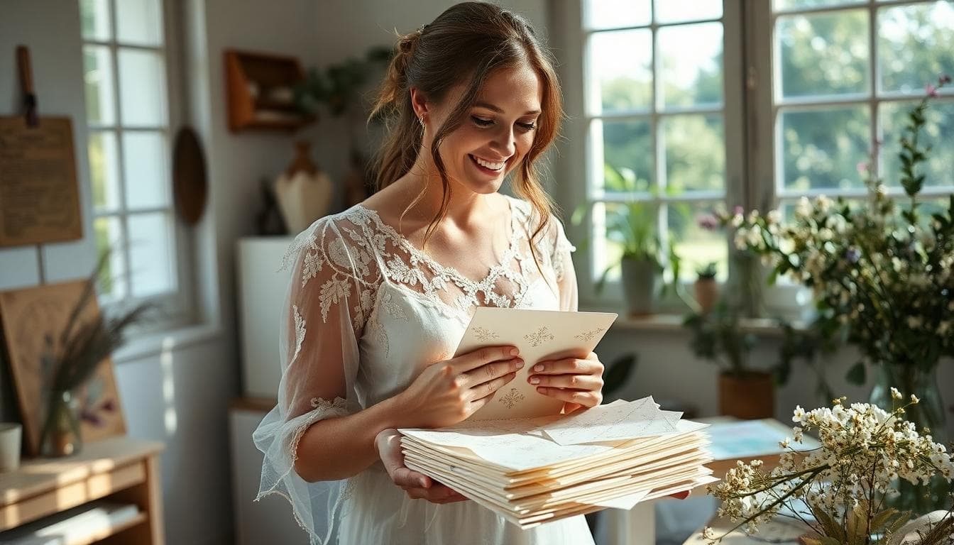 Une scène bohème d'une future mariée française préparant des faire-part de mariage dans un atelier lumineux avec des éléments naturels comme des fleurs sauvages, de la dentelle fine et du papier texturé aux motifs floraux délicats, elle tient une pile d'enveloppes élégantes, lumière naturelle douce filtrant par une fenêtre donnant sur un jardin verdoyant, ambiance sereine et joyeuse, style photographique réaliste, détails fins sur les invitations pliées et les rubans, arrière-plan flou de verdure et ciel clair, composition centrée sur la mariée et les faire-part, haute résolution, mood romantique et léger, pas de texte visible.