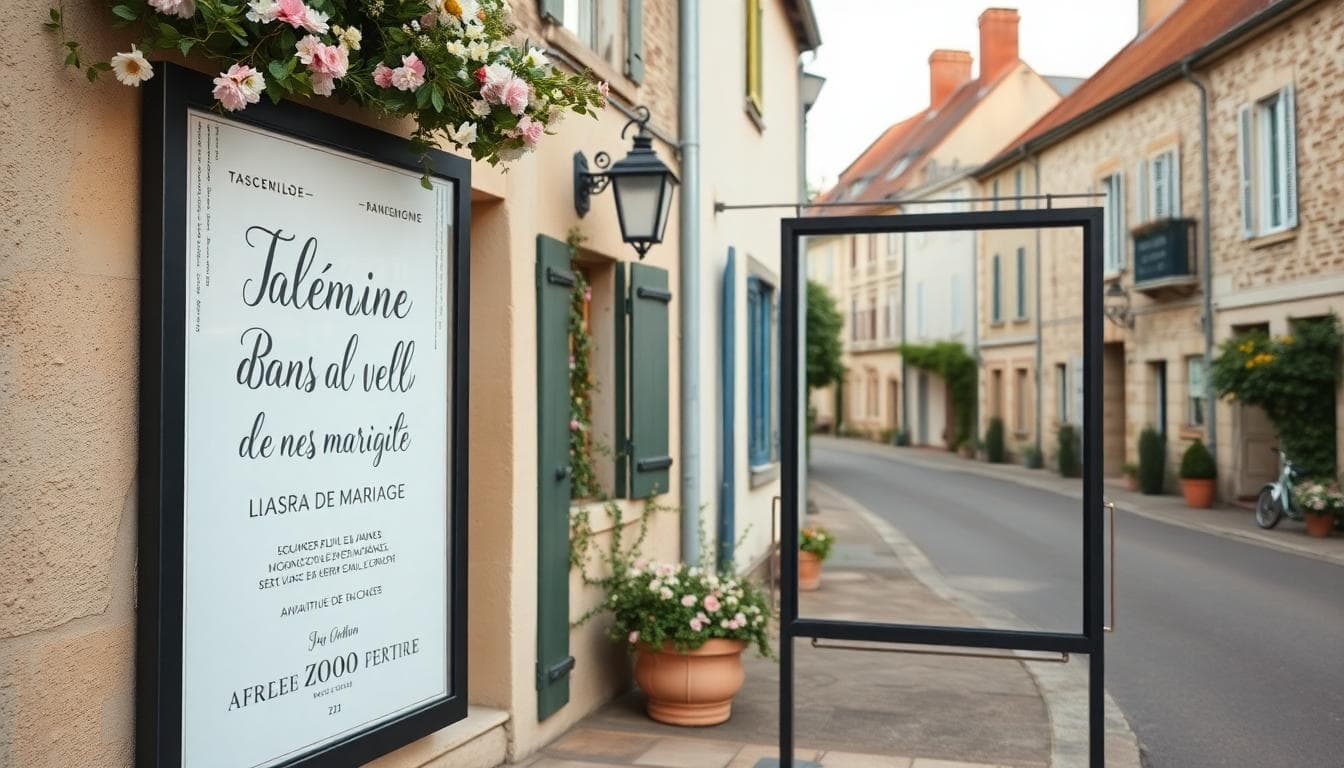 Bans de mariage affichés devant une mairie de village, ambiance bohème douce et fleurs sauvages